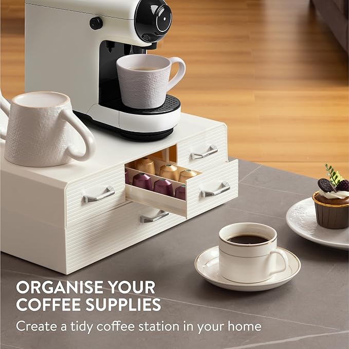 Navaris Coffee Pods Holder in Cream - Coffee Machine Stand and Pod Capsule Storage Drawer - Capsule Holders with 4 Drawers for Maximum Organisation - Easy to Clean - Modern Design