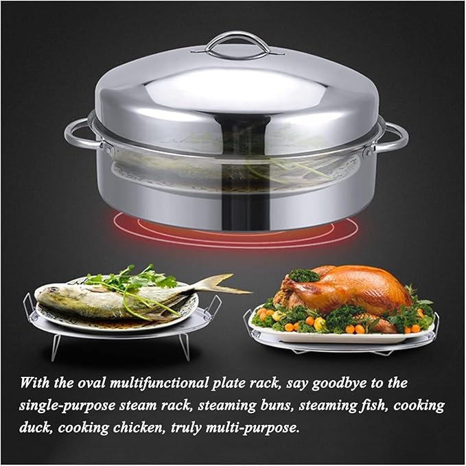 Stainless Steel Oval Roaster Pan with Lid – Oven & Dishwasher Safe Turkey Roasting Pot, Steaming Rack for Chicken, Fish, Lasagna(Large size A)