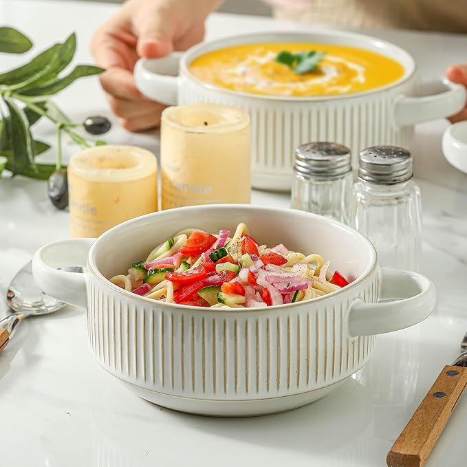 Soup Bowls with Handles, 20 oz French Onion Soup Crocks, Stackable Soup Bowl Oven Safe for Chili, Beef Stew, Embossment Ceramic Bowl Set - 5.4 Inch, Set of 4，Blue