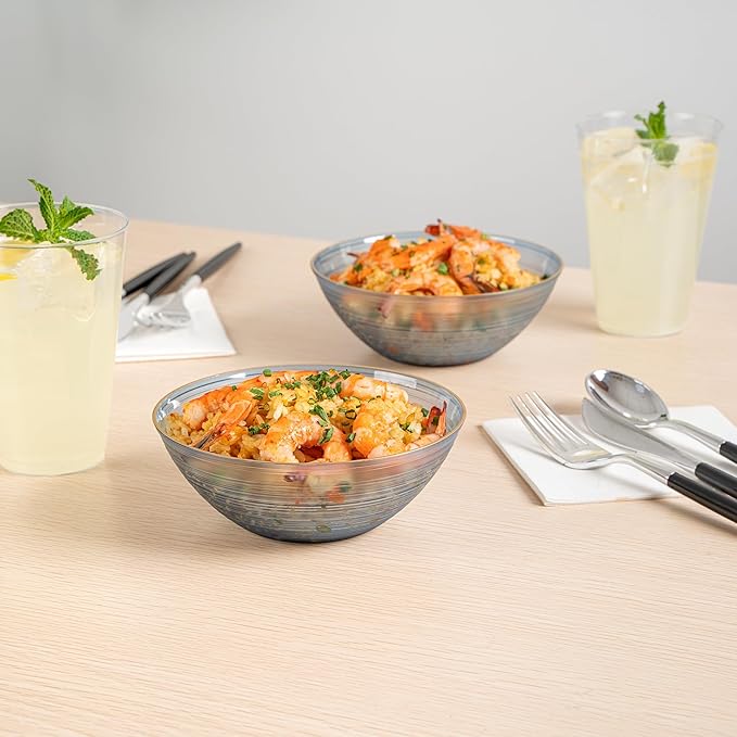 Restaurantware Plastic Bowls 20 Pcs 16 oz Gold Rimmed Disposable Soup Bowls Heavy-Duty Blue Translucent Rippled Dinnerware Containers for Party, Desserts, Salads, Snacks, and Catering