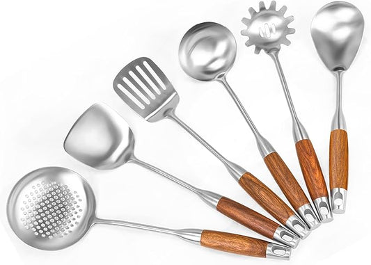 18/10 Stainless Steel Kitchen Utensils Set 6 Pcs Cooking Utensil with Wood Handle, 15.5” Long Spatula, Soup spoon, Leaking shovel, Spaghetti Spoon Kitchen Tools Set (Wood handle - 6 Piece)
