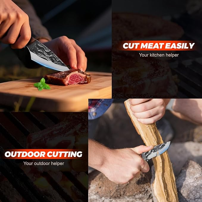 Hand-Forged Kitchen Knife, 5-Piece Professional Chef Knife Set, Outdoor, BBQ Meat Cleaver Cooking, Forged Kitchen Knives with High-Carbon Stainless Steel Cutlery and Leather Sheath.