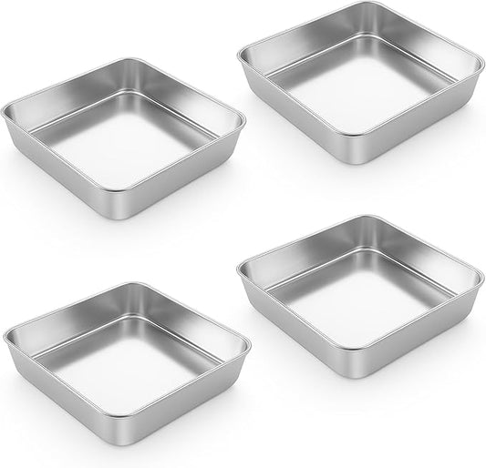 LIANYU 8 Inch Square Baking Cake Pan Set of 4, Stainless Steel Lasagna Brownie Bread Pan, Perfect for Birthday Party Wedding, Leakproof, Oven & Dishwasher Safe