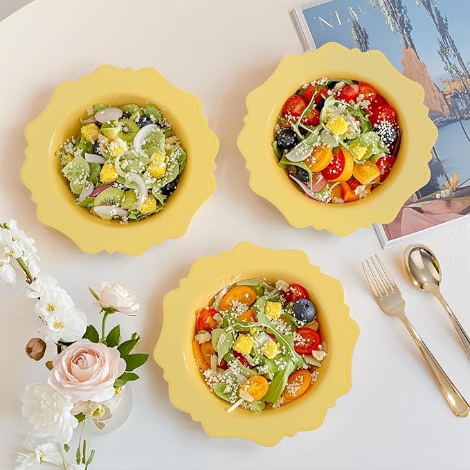 COLOSUS Yellow Plastic Party Bowls (60 Pack) 12 Oz Disposable Soup/Salad Bowl, Fancy Shatterproof Dinnerware for Easter, Catering, Holidays, Weddings, and Everyday Use