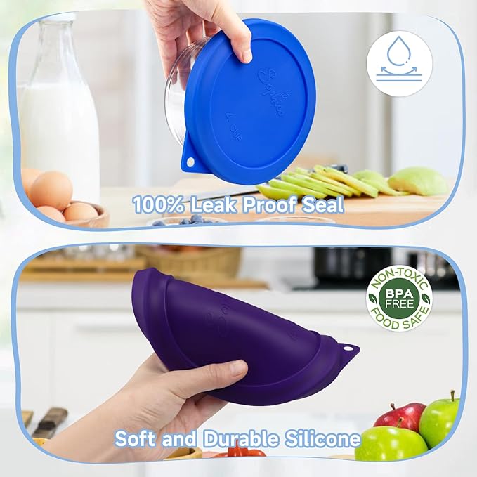 Sophico 4 Cup Round Silicone Storage Cover Lids Replacement for Anchor Hocking and Pyrex 7201-PC Glass Bowls (Container not Included) (PurpleBlue-6 pack)