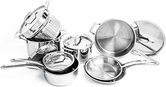 BergHOFF Professional Tri-ply 18/10 Stainless Steel 13Pc Cookware Set With Matching Lid Safe Grip Handle Induction Cooktop Measurement Markings Inside Fast & Even Heat Oven Safe Dishwasher Safe