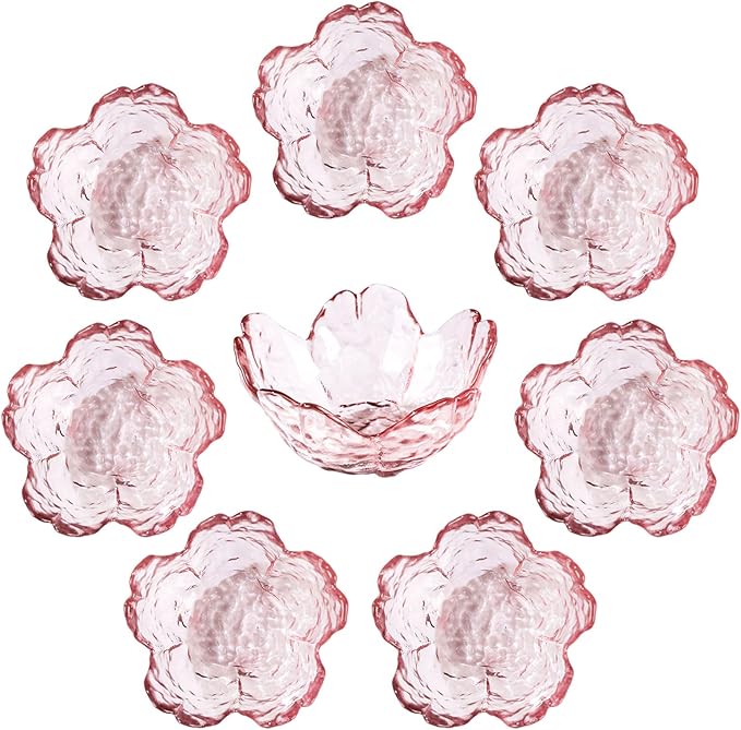 WHJY 8 pack Cute Sauce Dishes Glass Dish Set for Soy Sauce Snacks Tea Bag Mini Glass Bowls Clear Pink Cherry Blossom Soy Sauce Dishes