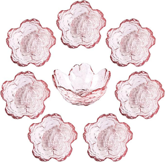 WHJY 8 pack Cute Sauce Dishes Glass Dish Set for Soy Sauce Snacks Tea Bag Mini Glass Bowls Clear Pink Cherry Blossom Soy Sauce Dishes