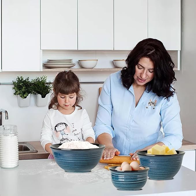 Ceramic Mixing Bowls, Tikooere Serving Bowls Set of 3 for Kitchen, Large Nesting Bowls for Cooking,Baking, Versatile Serving Dishes for Space Storage, 2.1/1.0/0.5 Qt, Dishwasher & Microwave Safe, Blue