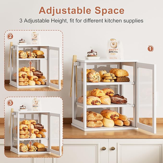 WOWLIVE Bread Box for Kitchen Countertop, Large 3 Layers Bread Storage Container for Homemade Bread with Window, Farmhouse Breadbox Organizer for Kitchen, Cabinet, Pantry (White, Extra Large)