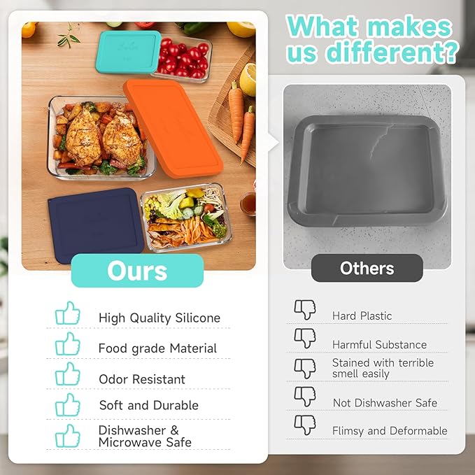 Sophico Rectangle Silicone Storage Cover Lids Replacement for Anchor Hocking and Pyrex Glass Bowls (Container not Included) (MIX-4 PACK)