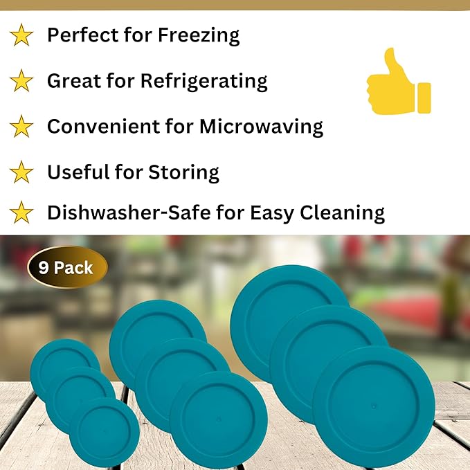 2, 4 & 7 Cup Turquoise Replacement Lids/Covers for Pyrex, Anchor Hocking & KlareWare Storage Bowls *Lids Only Glass Container Not Included* (9 Pack *Three of Each Size*)