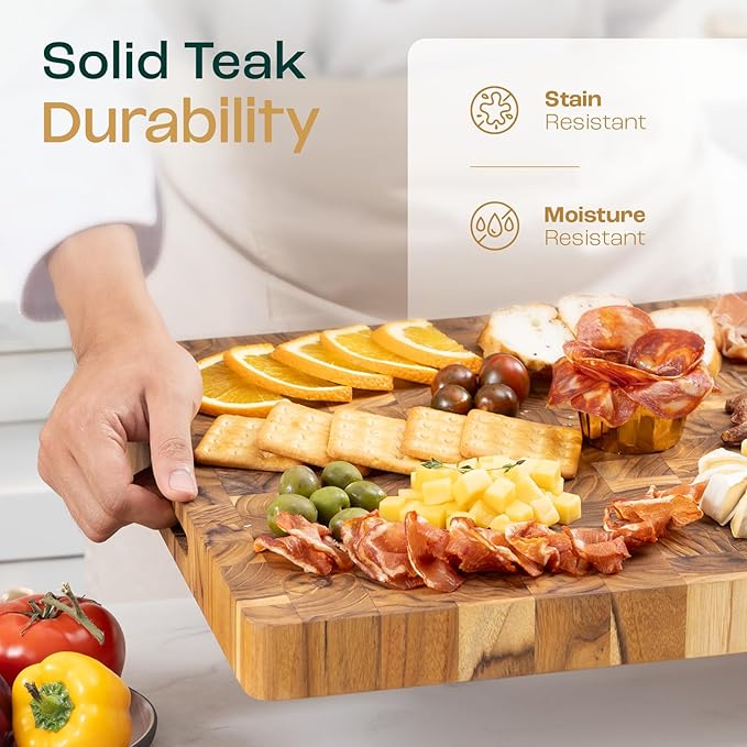 Yes4All Durable Teak Cutting Boards for Kitchen, [24''Lx18''Wx1.5” Thick] Extra Large End Grain Cutting Board, Pre Oiled Wood Cutting Boards, Thick Chopping Board w/Juice Grooves and Easy Grip Handle