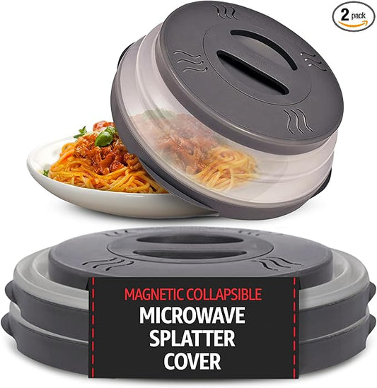 Stronger Magnet Microwave Splatter Cover with stronger magnetic grip, Collapsible 12-Inch BPA-Free Food Lid, Vented Plate Guard, Dishwasher Safe, Space-Saving Magnetic Storage - Gray 2-Pack