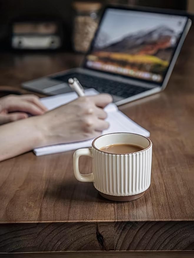 Stackable Coffee Mugs Set, Ceramic Espresso Cups for Au Lait, Cappuccino,Latte,Cafe,Mocha,Tea, Embossment Cups Suit For Housewarming Wedding- 8 oz, Set of 2,Beige&Brown