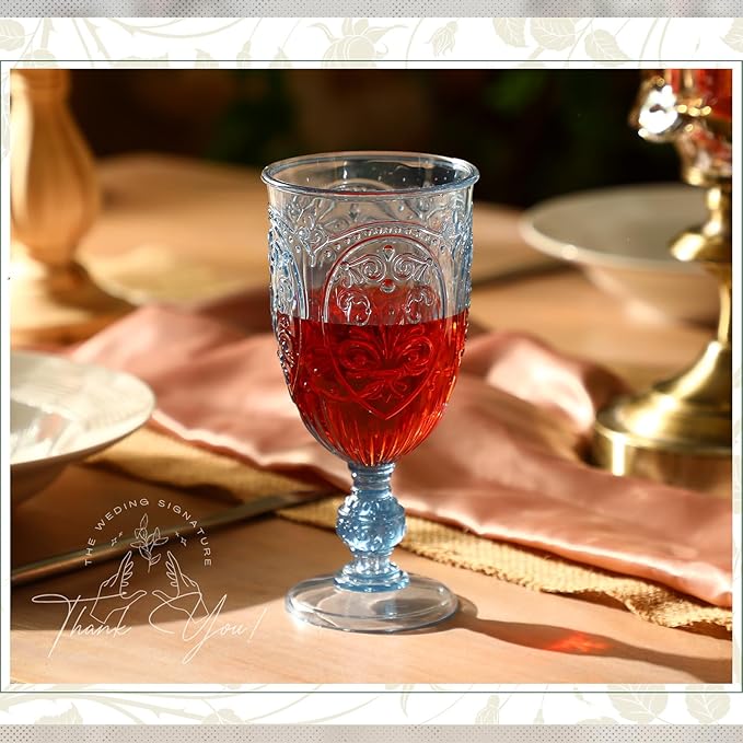 60 Pack Plastic Goblets 10oz Upgrade Vintage Water Goblet Plastic Wine Glasses Colored Retro Embossed Glassware for Party Wine Bar Juice Baby Shower Wedding Reception Grand (Blue)