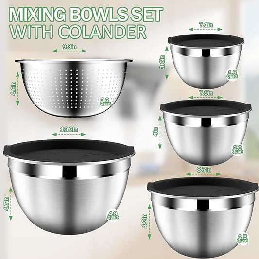 Mixing Bowls with Lids Set, Stainless Steel Mixing Bowls with Colander, Strainer with Mixing Bowl Set, Kitchen Gadgets Bowl Christams Gift, Size 4, 2.5, 2, 1.5QT - Black