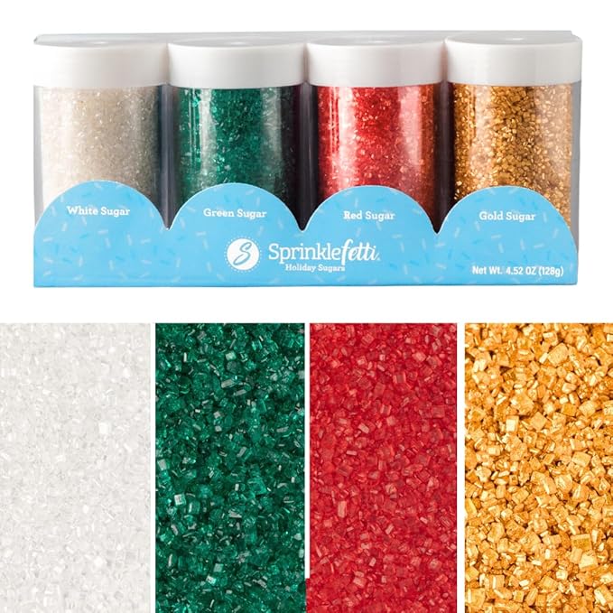 Sweets Indeed Christmas Baking Sugar Crystals 4-Pack – 4.52 oz | White, Red, Green & Gold Sparkling Sugars | Holiday & Everyday Dessert Decorating Set