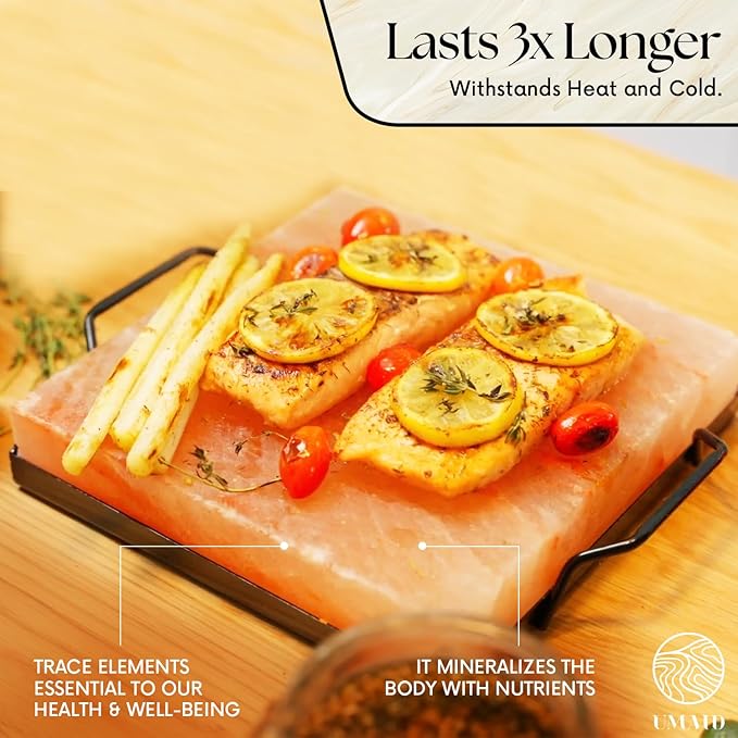 UMAID Himalayan Salt Block Cooking Plate 8x8x1.5 for Cooking, Grilling, Cutting and Serving, Food Grade Rock Salt Stone On Steel Tray with Recipe Pamphlet Unique Gifts for Men, Women, Dads & Cooks