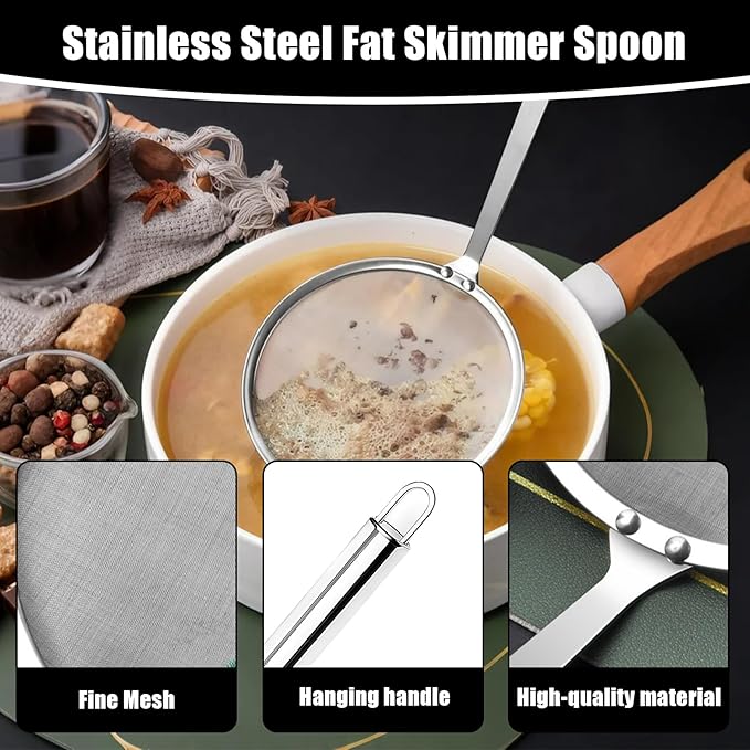 Stainless Steel Fat Skimmer Spoon 4”Multi-Functional Fine Mesh Hot Pot Grease Strainer with 9.4” Heat-Resistant Handle For Frying, Soup, Quinoa, Miso