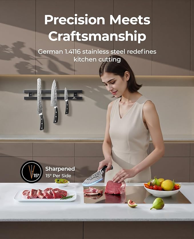 Essential 4-Piece Kitchen Knife Set,Sharp German Steel Knives Sets(Chef's Knife, Paring Knife, Bread Knife + Peeler) for Home Cooking BBQ,Gift Box included