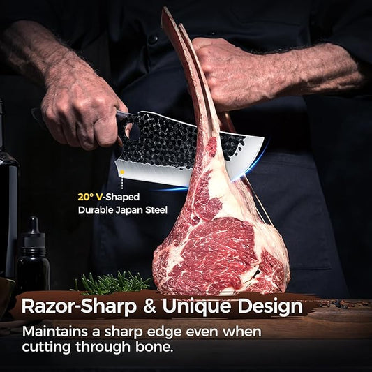 Butcher Knife Meat Cleaver Knife, Hand Forged Japanese Knife Set of 3, High Carbon Kitchen Knife & Serbian Chef Knife & Boning Knife for Meat Cutting, Outdoor Cooking BBQ Camping Gift for Men