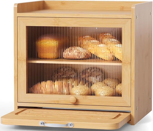 Bamboo Bread Box for Kitchen Countertop, Double Layer Kitchen Counter Organizers and Storage for Fruits, Tea, Spices, Coffee, Vintage Bread Bin Container with Cutting Board, Natural