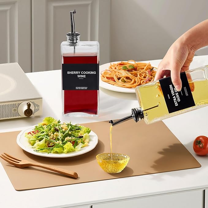 OKYUK Olive Oil Dispenser Bottle for Kitchen Cooking, 16.9oz/500ml Soy Sauce Coffee Syrup Oil and Vinegar Dispenser Set, with Silicone Funnel, Labels (2PCS, Black)