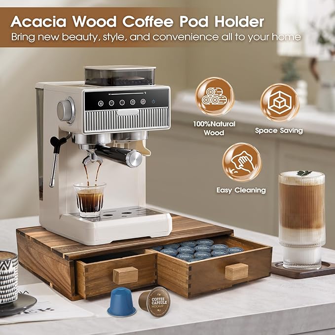 Acacia Wood K Cup Holder，Coffee Pods and Tea Bag Storage Organizer，with Two Drawers Kcup Holders for Counter，Multi-Functional Coffee Maker Stand