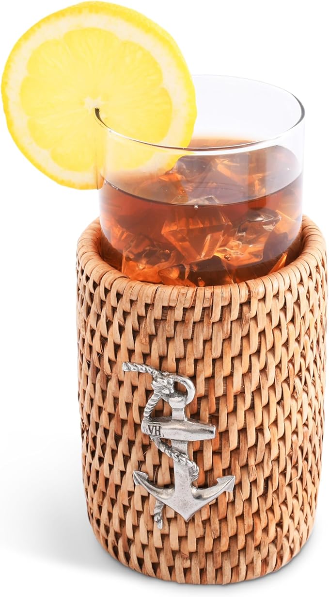 Vagabond House Set of 4 Tall Drinking Glasses with Hand Woven Rattan and Pewter Anchor Detail, Ideal for Water and Cocktails, Stylish Coastal Kitchen Accessory for Beach House Boating 6 Inches Tall