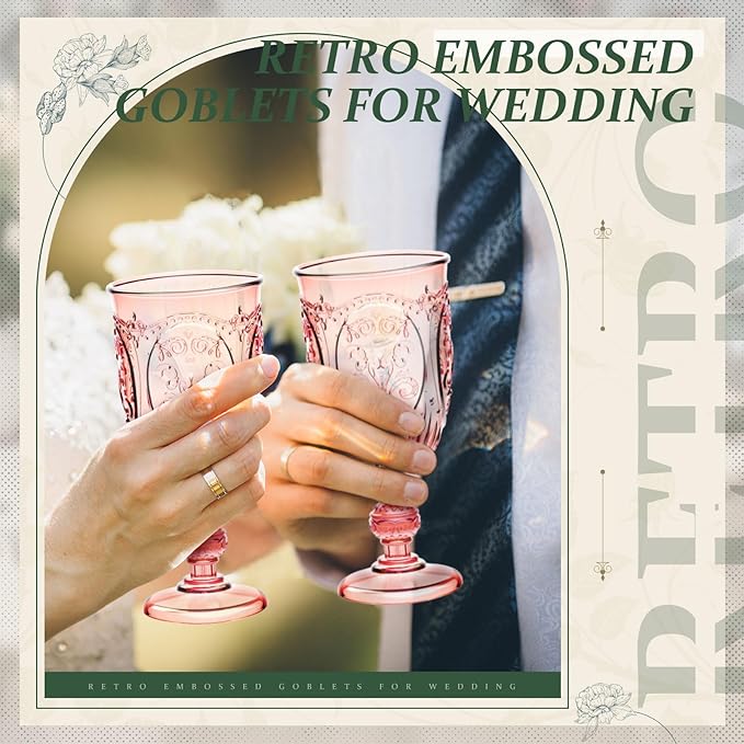 100 Pcs Plastic Goblets 7.5oz Vintage Goblet Plastic Wine Glasses Colored Retro Embossed Water Goblets for Wine Bar Juice Baby Shower Wedding Reception Grand Event Party (Pink)