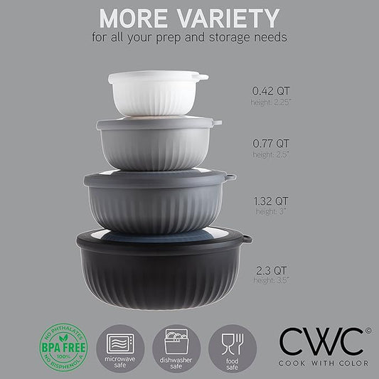 COOK WITH COLOR Prep Bowls with Lids- Wide and Deep Nesting Plastic Small Mixing Bowl Set with Lids, 8 Piece Set - Wide Bowls, Black/White