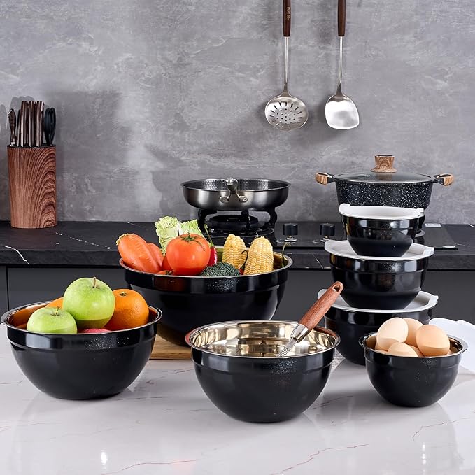 Black Mixing Bowls With Airtight Lids,Stainless Steel Bowl,Salad Bowls 7 Piece Colorful Nesting Bowl Black Kitchen Accessories,Size 7,3.6,2.7,2.1,1.5,1.1,0.8QT Stackable Design