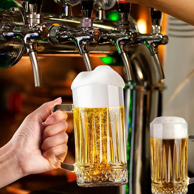 Beer Mug Set of 2, 20oz Crystal Beer Glasses with Handle, Glass Beer Mugs for Freezer, Gifts for Men