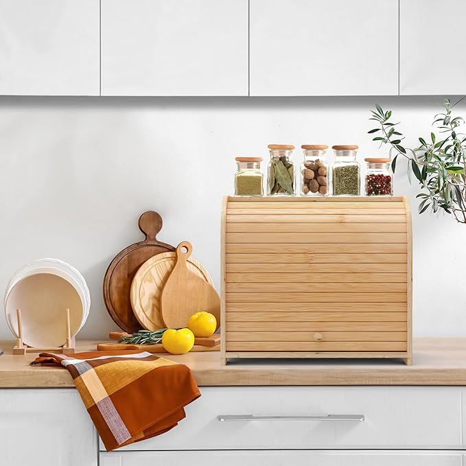 Bamboo Bread Box for Kitchen Countertop, Roll-top Breadbox Breads Storage Boxe with Adjustable Middle Shelf