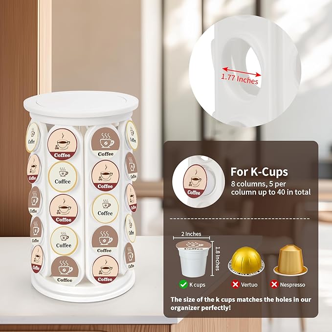 Coffee Pod Carousel Compatible with K-Cup Pods, K Cup Holder Holds 40 Coffee Capsule, New Modern Design for Kitchen Office Countertop or Coffees Station Organizer, Detachable (White)
