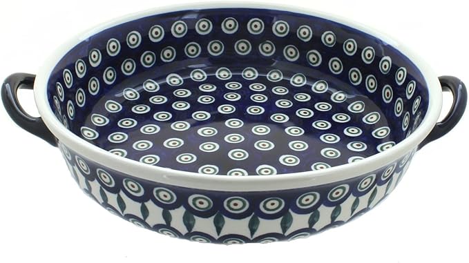 Blue Rose Polish Pottery - Blue Peacock Round Casserole with Handles - 10.25" Diameter - Unique, Dishwasher Safe, & Durable Bakeware