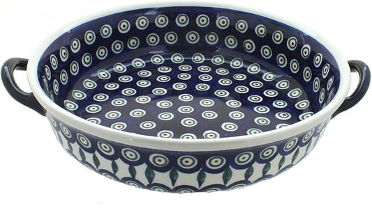 Blue Rose Polish Pottery - Blue Peacock Round Casserole with Handles - 10.25" Diameter - Unique, Dishwasher Safe, & Durable Bakeware