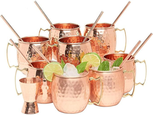 [Gift Set] Moscow Mule Copper Mugs Set of 8 (16oz) w/Straws & Jigger | 100% Pure Copper Cups, Tarnish-Resistant Food Grade Lacquered Finish, Ergonomic Handle (No Rivet) w/Solid Grip