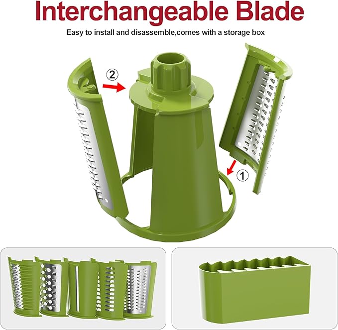 Ourokhome Rotary Cheese Grater Cheese Shredder, Mandoline Vegetable Slicer with 5 Interchangeable Blades and Strong Suction Base for Fruit, Vegetables, Nuts Grey