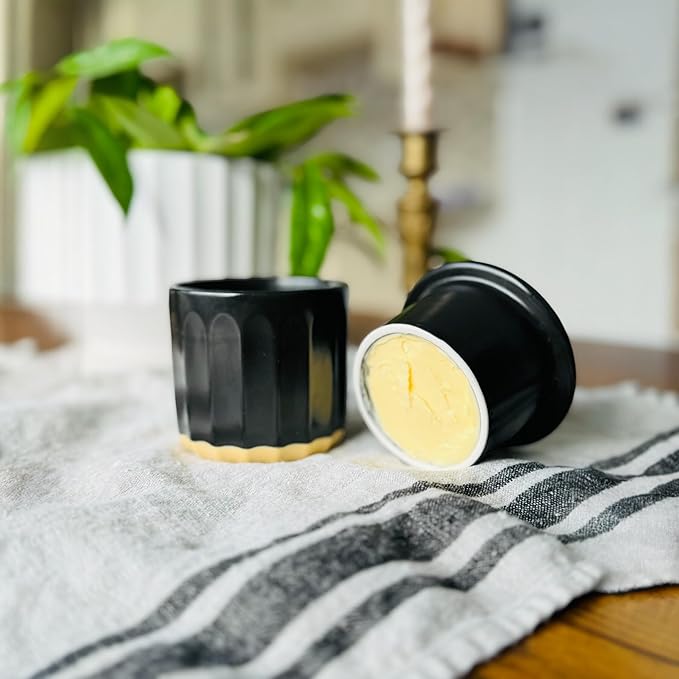 BLAKE 'N' GREY Culinary Elegance: Black Fluted Ceramic French Butter Keeper – A Stylish Touch to Preserve and Serve Perfectly Spreadable Butter