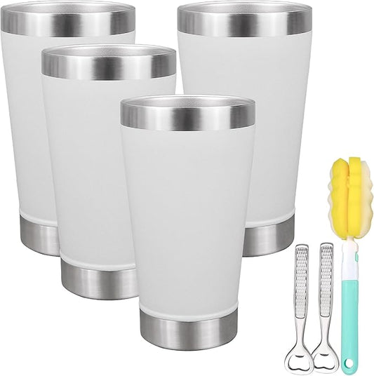 16 oz Beer Tumber Insulated Set of 4, Pint Glass Stainless Steel Double Walled, Stackable Cold Drinking Cup Mug Stein, White, Ideal for Beer Lover, Coffee, Outdoor