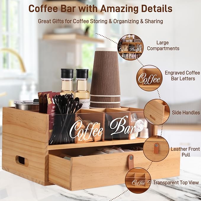 2-Tier Coffee Bar Organizer with Clear Acrylic Top, Built-in Drawer and Leather Handle Pull for Countertop, Stylish Coffee Station Storage Box for Accessories, Pods, Great Gifts for Home