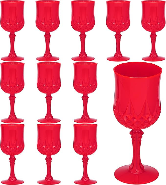 JLYLOL Plastic Vintage Wine Glasses 7OZ Plastic Goblets Vintage Drinking Glasses 12PCS Retro Wedding Glassware Water Goblets Reusable Drinking Cups for Party,Reception,Celebration,Bar,Whiskey(Red)