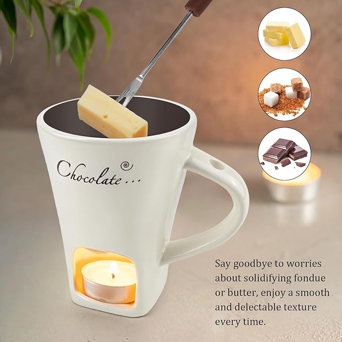 2 Sets Chocolate Fondue Cup with Fork, Ceramic Chocolate Melting Mug, Porcelain Melt Chocolate Fondue Crucible, Mini Fondue Pot for Cheese Caramel Butter