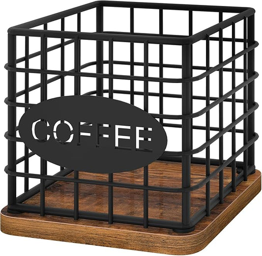 Coffee Pod Holder Organizer, Large Capacity Coffee Pod Basket for K Cup, Coffee Capsule Storage Basket with Wooden Base, Space Saving, for Kitchen Countertop, Black and Rustic Brown KH10BR