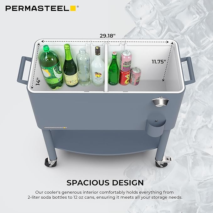Permasteel 80 Quart Party Cooler, Rolling Ice Chest with Wheels and Handles for Indoor Outdoor Patio