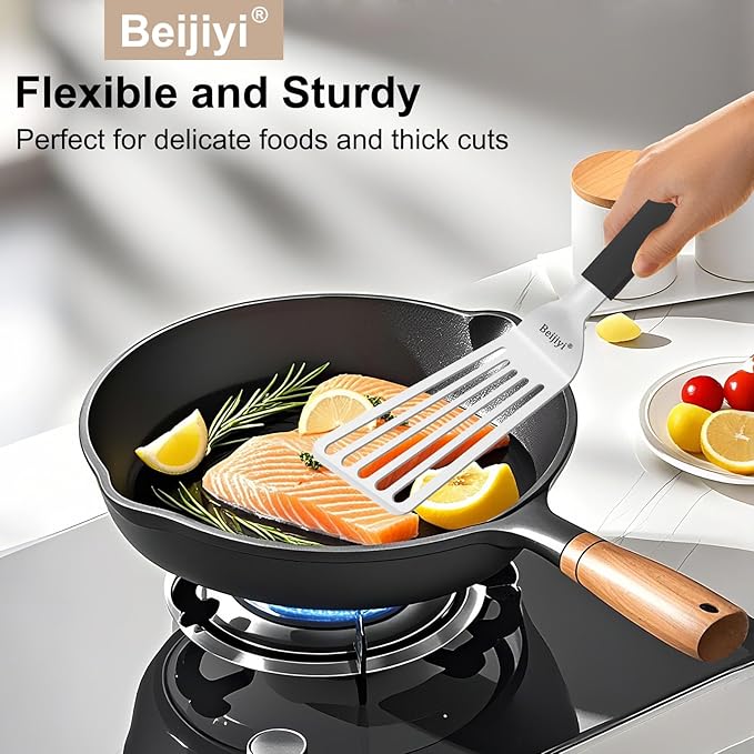 Beijiyi 11.3" Fish Spatula, Stainless Steel Slotted Spatula for Cooking Flipping Fish, Egg, Burger, Metal Kitchen Turner for Cast Iron Skillet with Silicone Handle, 1.2mm Thickened Blade