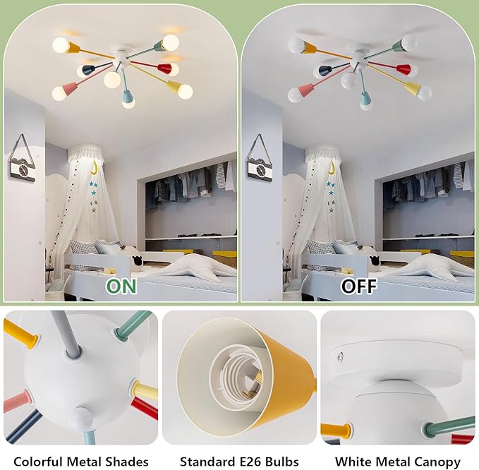 Colorful Chandelier, 8-Light Modern Sputnik Chandelier, Kids Ceiling Light with Multi Color Rainbow Semi Flush Mount Ceiling Lights for Living Room Dining Room Bedroom Playroom E26 Base