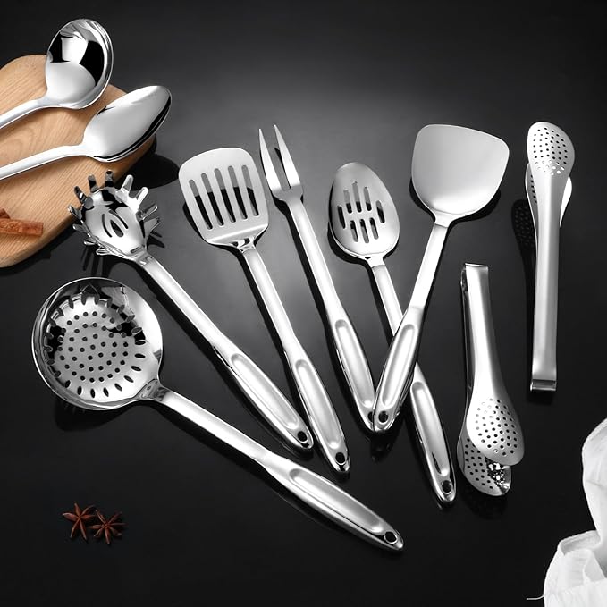 304 Stainless Steel Kitchen Utensils Set, 10 Pcs Stainless Steel Cooking Utensils Set, Heat Resistant Metal Kitchen Tools Spatulas Set, Spatulas, Spoons, Ladle, Meat Fork and Skimmer